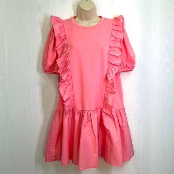 English Factory - Pink Puff Sleeve Ruffle Detail Short Sleeve  Mini Dress Medium - Picture 2 of 12